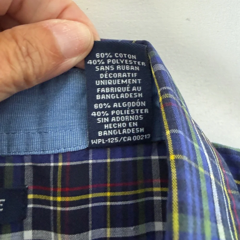 Chaps Mens XL Easy Care Plaid Button Down Shirt Navy Blue Green Long Sleeve - Picture 7 of 9